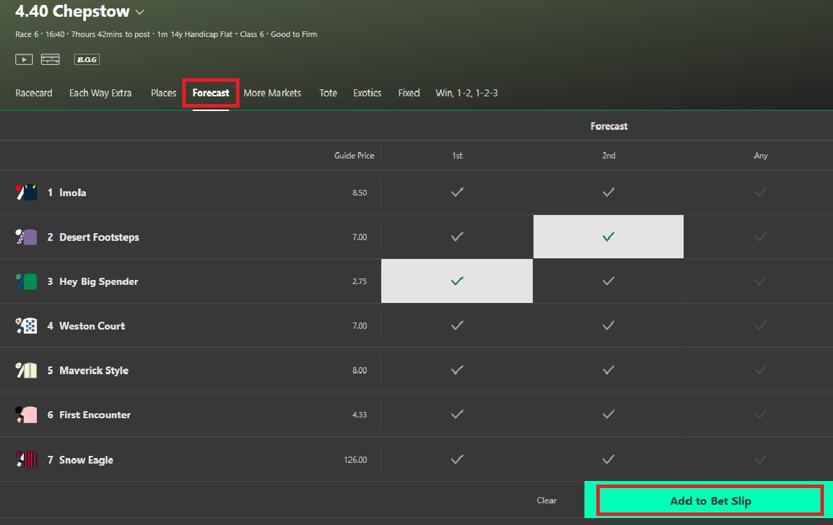 Bet365 straight forecast betting screen with 2 horses. Hey big spender selected to come first & desert footsteps to come second